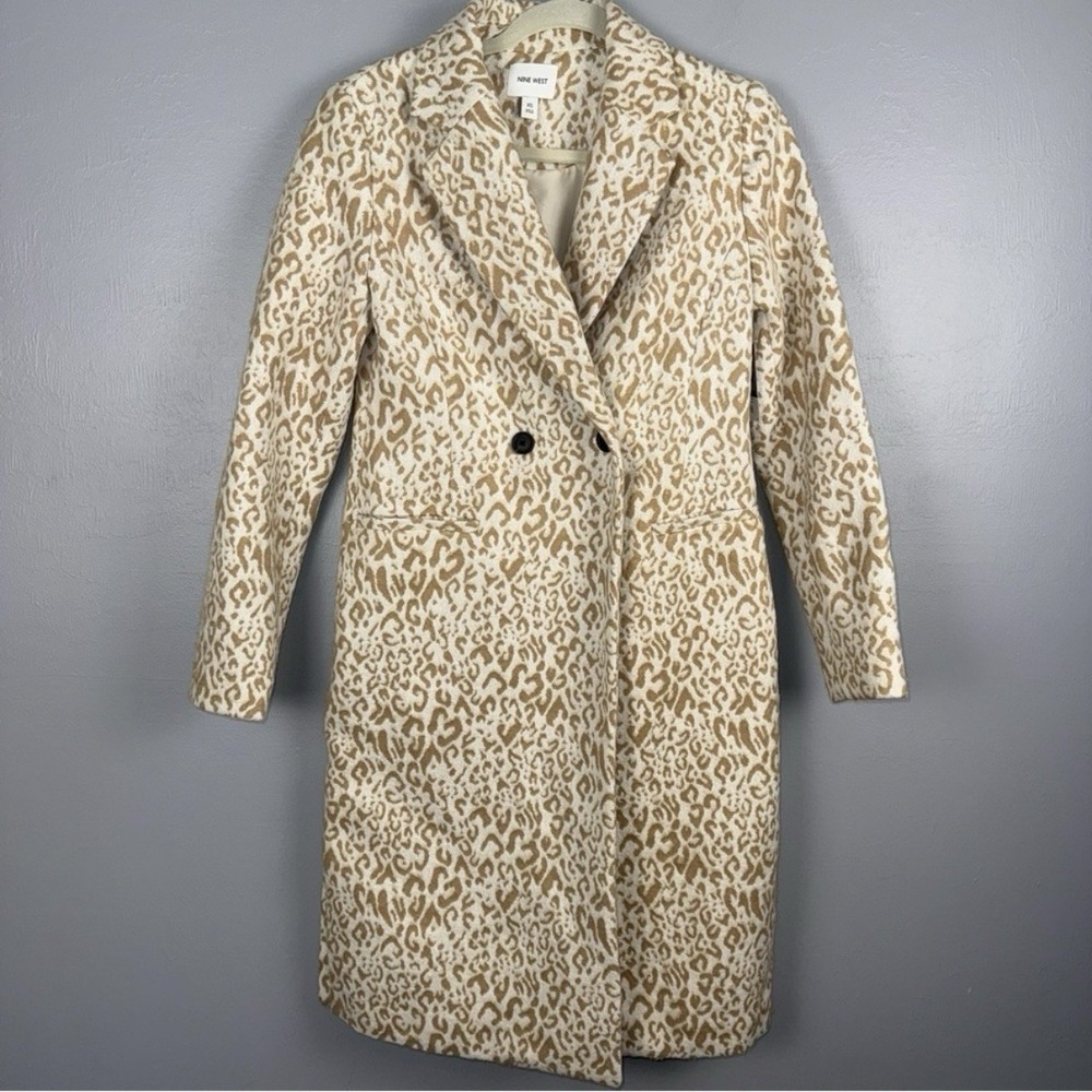 Nine West Pea Coat  Women's XS Beige & Tan Cheetah Print Long Mobwife New